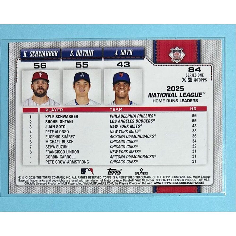 2026 Topps Ser1 Rainbow Foil parallel NL HR Leaders Schwarber, Ohtani+Sosa #84 - Picture 2 of 2